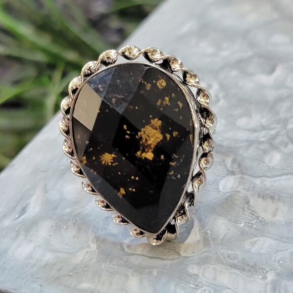 Black and Gold Stone Statement rings, 1.16 Inch Stone, Size 8.5 - Picture 2 of 10